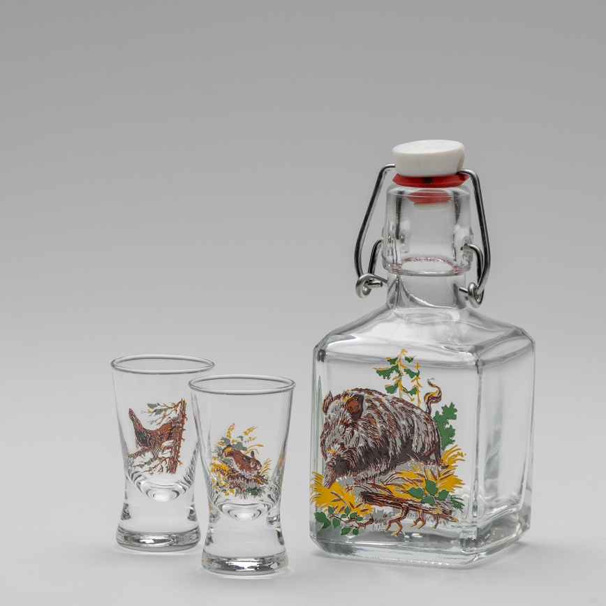 Conjunto 1x frasco de vidro e 2x copos para shots transparente com padrão de javali