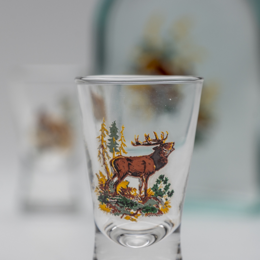Conjunto 1x frasco de vidro e 2x copos para shots transparente com padrão de lebre