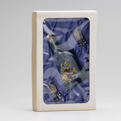 Conjunto 1x frasco de vidro e 2x copos para shots transparente com padrão de lebre