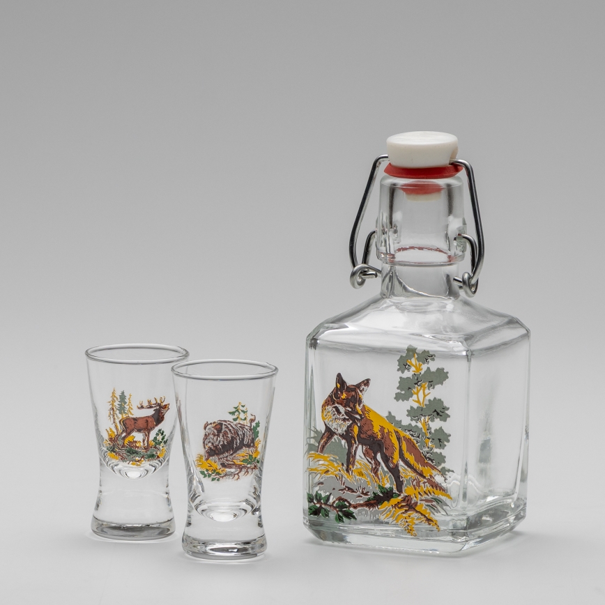 Conjunto 1x frasco de vidro e 2x copos para shots transparente com padrão de raposa