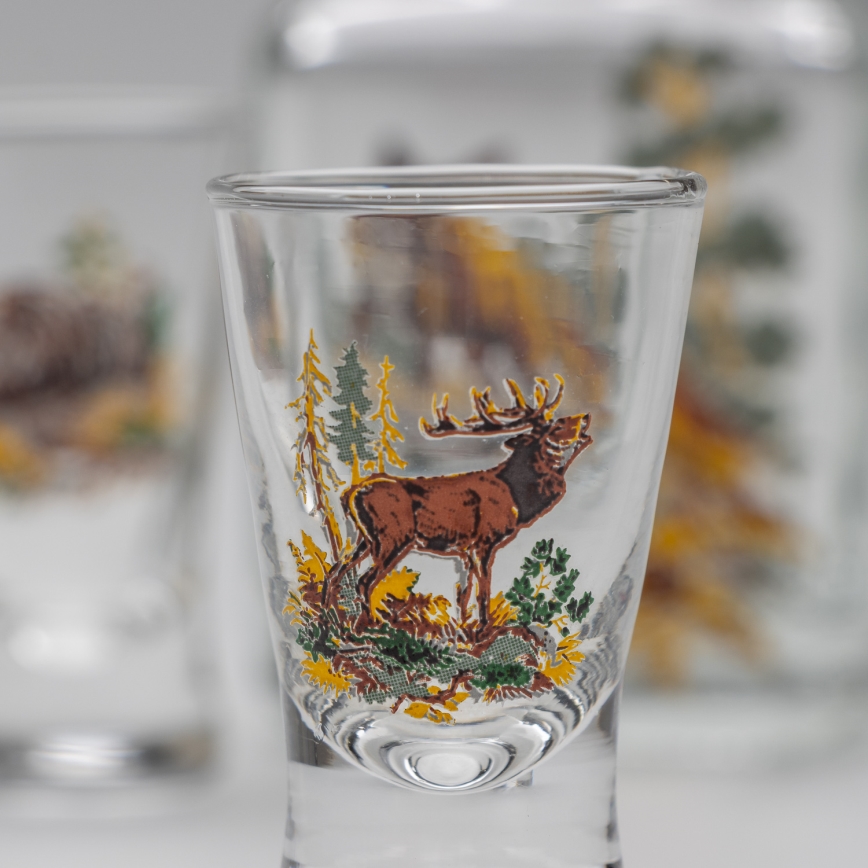 Conjunto 1x frasco de vidro e 2x copos para shots transparente com padrão de raposa