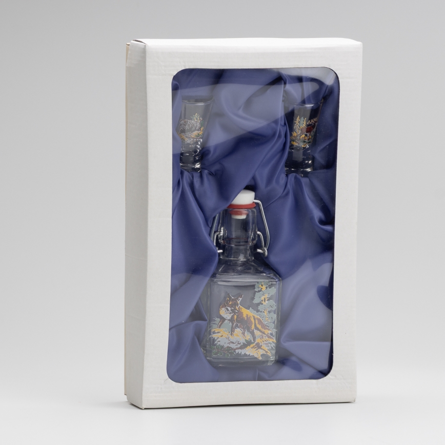 Conjunto 1x frasco de vidro e 2x copos para shots transparente com padrão de raposa