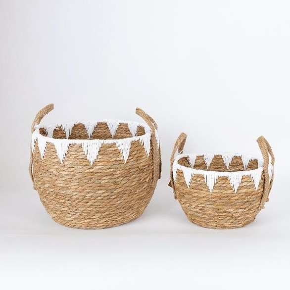 CONJUNTO 2x Cestos de palha bege/branco 32x16,5x18/24x23,5x26 cm