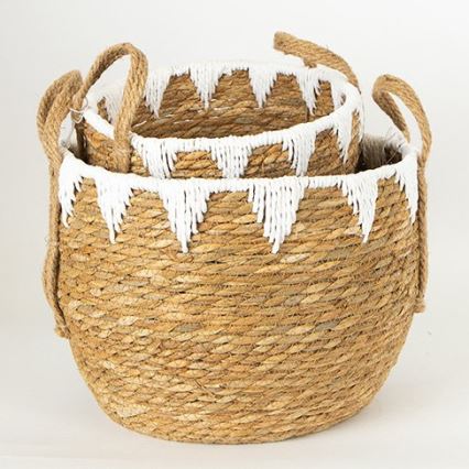 CONJUNTO 2x Cestos de palha bege/branco 32x16,5x18/24x23,5x26 cm