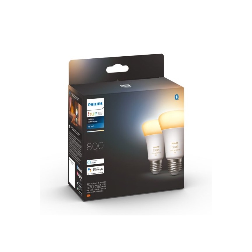 CONJUNTO 2x Lâmpada LED com regulação Philips Hue WHITE AMBIANCE E27/6W/230V 2200-6500K