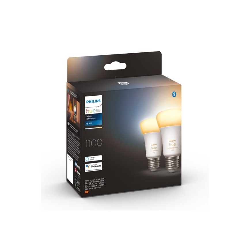 CONJUNTO 2x Lâmpada LED com regulação Philips Hue WHITE AMBIANCE E27/8W/230V 2200-6500K