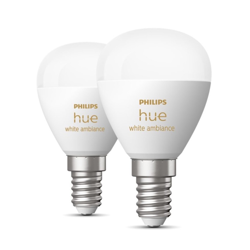 CONJUNTO 2x Lâmpada LED com regulação Philips Hue WHITE AMBIANCE P45 E14/5,1W/230V 2200-6500K