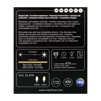 CONJUNTO 2x Lâmpada LED com regulação Philips Hue WHITE E14/5,5W/230V 2700K