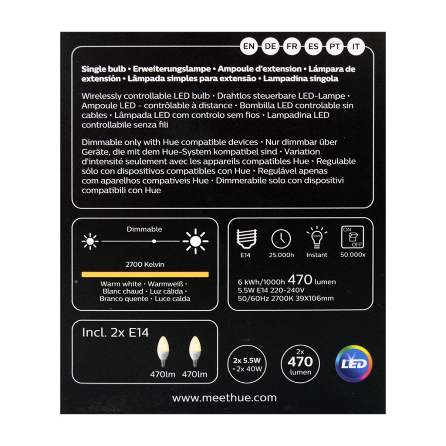 CONJUNTO 2x Lâmpada LED com regulação Philips Hue WHITE E14/5,5W/230V 2700K