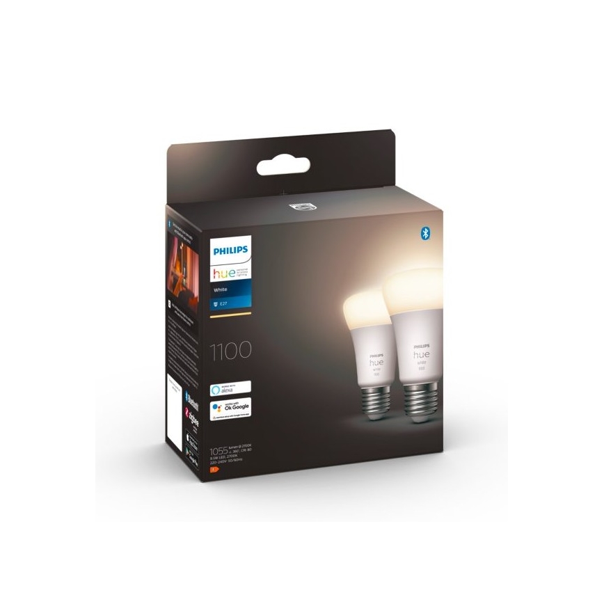 CONJUNTO 2x Lâmpada LED com regulação Philips Hue WHITE E27/9,5W/230V 2700K
