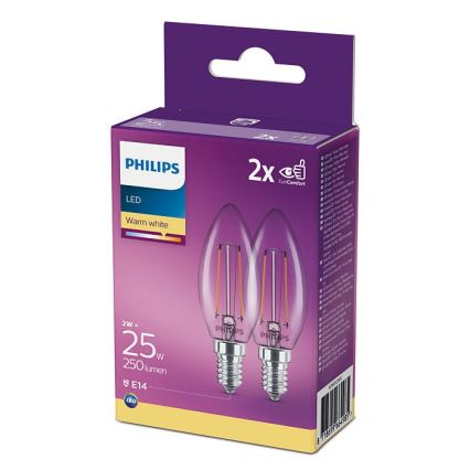 CONJUNTO 2x Lâmpada LED Philips B35 E14/2W/230V 2700K