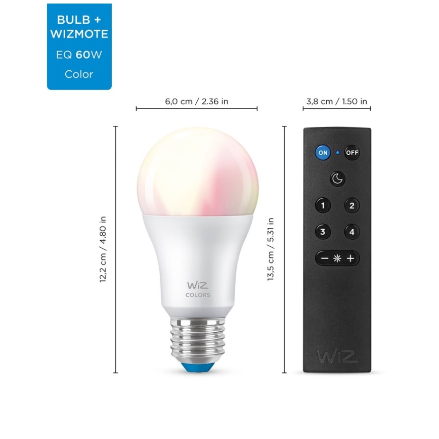 CONJUNTO 2x Lâmpada LED RGBW com regulação A60 E27/8,5W/230V 2200-6500K Wi-Fi + controlo remoto - WiZ