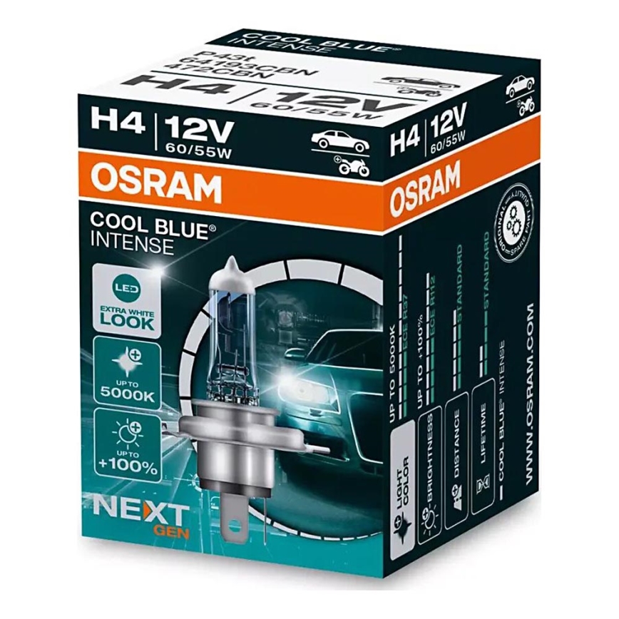 CONJUNTO 2x Lâmpadas de carro COOL AZUL H4 P43t/60/55W/12V 5000K - Osram