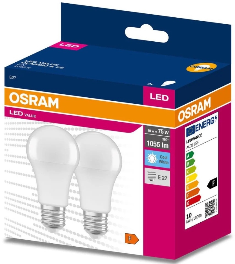 CONJUNTO 2x Lâmpadas LED A60 E27/10W/230V 4000K - Osram