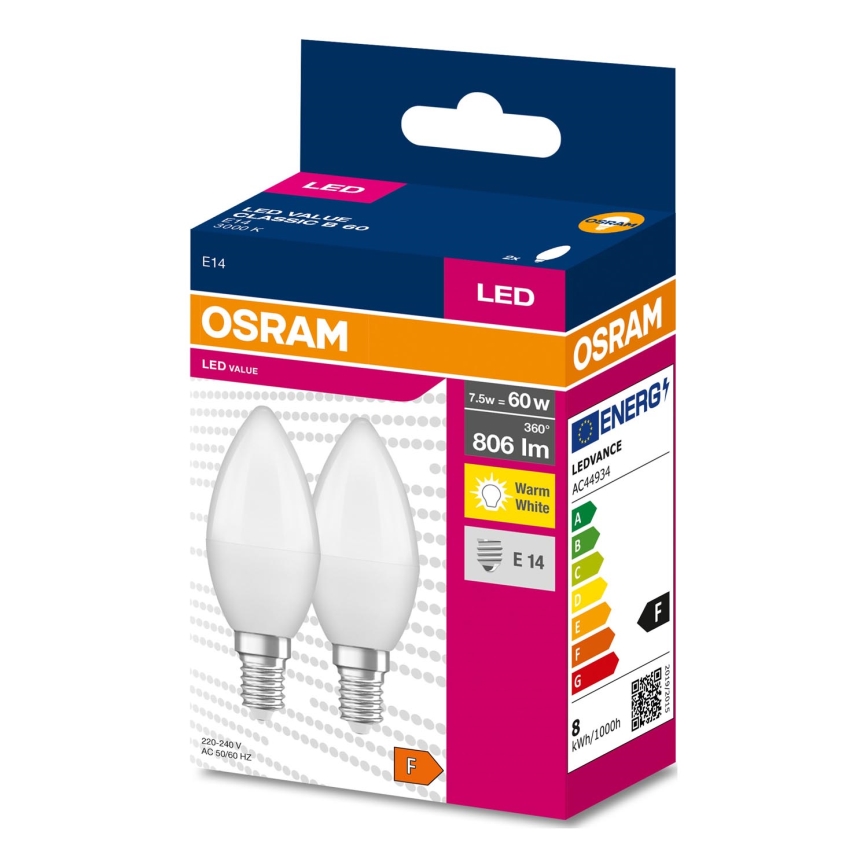 CONJUNTO 2x Lâmpadas LED B38 E14/7,5W/230V 3000K - Osram