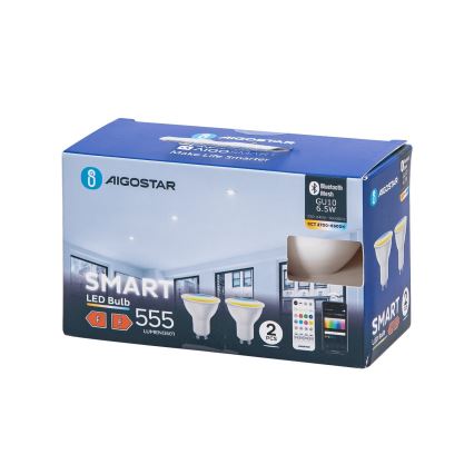 CONJUNTO 2x Lâmpadas LED com regulação MESH Inteligente GU10/6,5W/230V 2700-6500K + comando - Aigostar