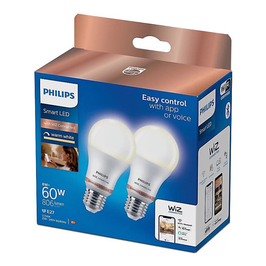 CONJUNTO 2x Lâmpadas LED com regulação Philips A60 E27/8W/230V Wi-Fi