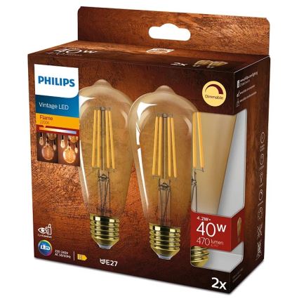 CONJUNTO 2x Lâmpadas LED com regulação VINTAGE Philips ST64 E27/4,2W/230V 2200K