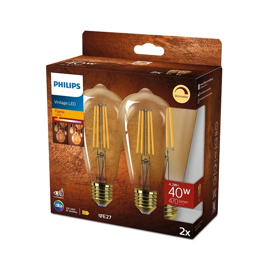 CONJUNTO 2x Lâmpadas LED com regulação VINTAGE Philips ST64 E27/4,2W/230V 2200K