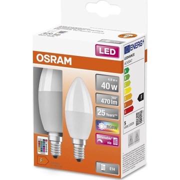 CONJUNTO 2x Lâmpadas LED RGBW com regulação B38 E14/4,9W/230V 2700K + comando - Osram