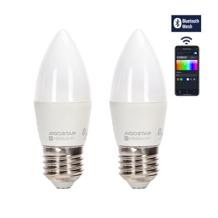 CONJUNTO 2x Lâmpadas LED RGBW com regulação MESH Inteligente C37 E27/6,5W/230V 2700-6500K + comando - Aigostar
