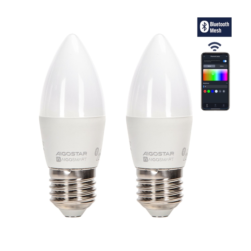 CONJUNTO 2x Lâmpadas LED RGBW com regulação MESH Inteligente C37 E27/6,5W/230V 2700-6500K + comando - Aigostar