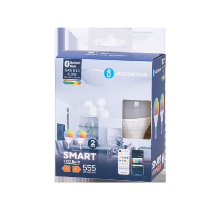 CONJUNTO 2x Lâmpadas LED RGBW com regulação MESH Inteligente G45 E14/6,5W/230V 2700-6500K - Aigostar