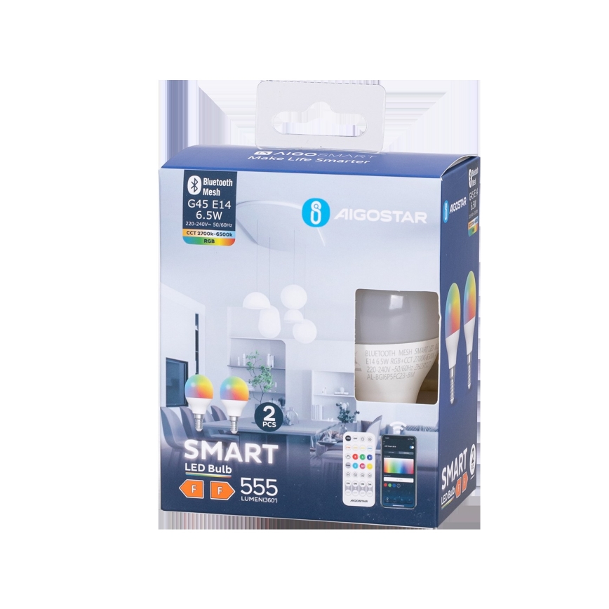 CONJUNTO 2x Lâmpadas LED RGBW com regulação MESH Inteligente G45 E14/6,5W/230V 2700-6500K - Aigostar