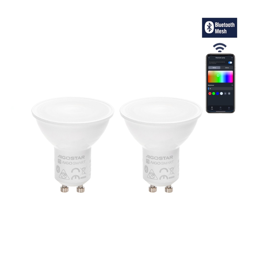 CONJUNTO 2x Lâmpadas LED RGBW com regulação MESH Inteligente GU10/6,5W/230V 2700-6500K - Aigostar