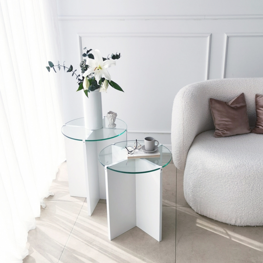 CONJUNTO 2x Mesa de cabeceira LILY diâmetro 40 cm branco/transparente