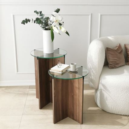 CONJUNTO 2x Mesa de cabeceira LILY diâmetro 40 cm castanho/transparente