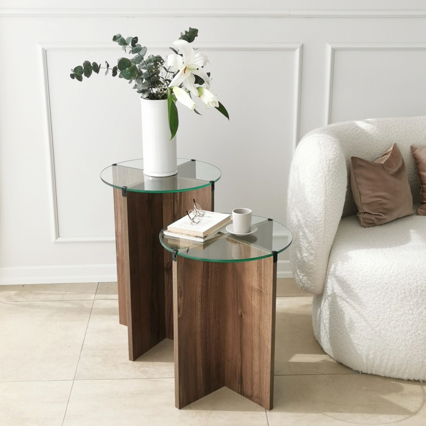 CONJUNTO 2x Mesa de cabeceira LILY diâmetro 40 cm castanho/transparente