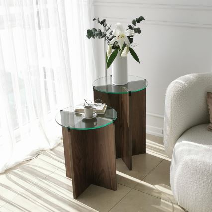CONJUNTO 2x Mesa de cabeceira LILY diâmetro 40 cm castanho/transparente