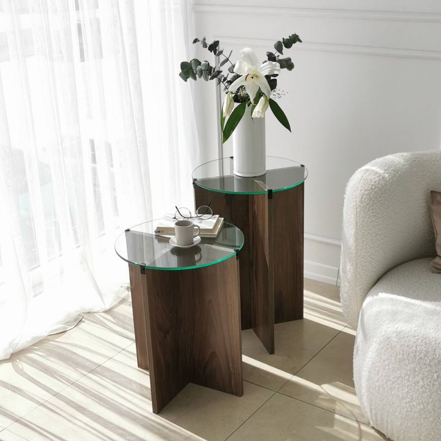 CONJUNTO 2x Mesa de cabeceira LILY diâmetro 40 cm castanho/transparente