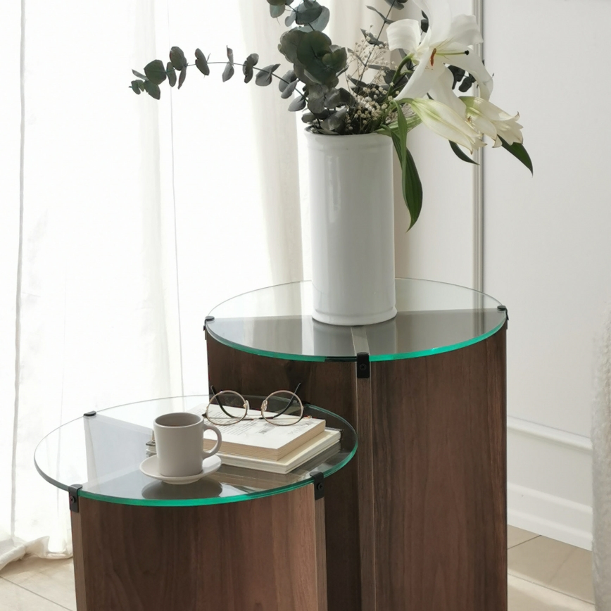 CONJUNTO 2x Mesa de cabeceira LILY diâmetro 40 cm castanho/transparente