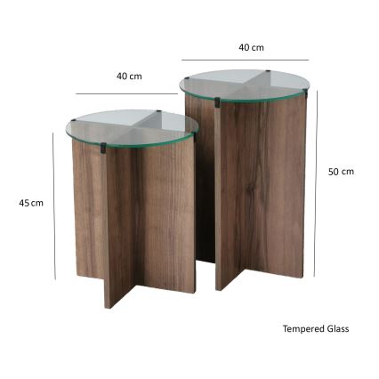 CONJUNTO 2x Mesa de cabeceira LILY diâmetro 40 cm castanho/transparente