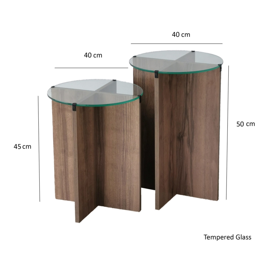 CONJUNTO 2x Mesa de cabeceira LILY diâmetro 40 cm castanho/transparente