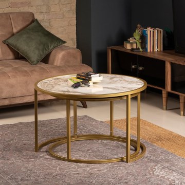 CONJUNTO 2x Mesa de centro TAMBUR dourada/bege