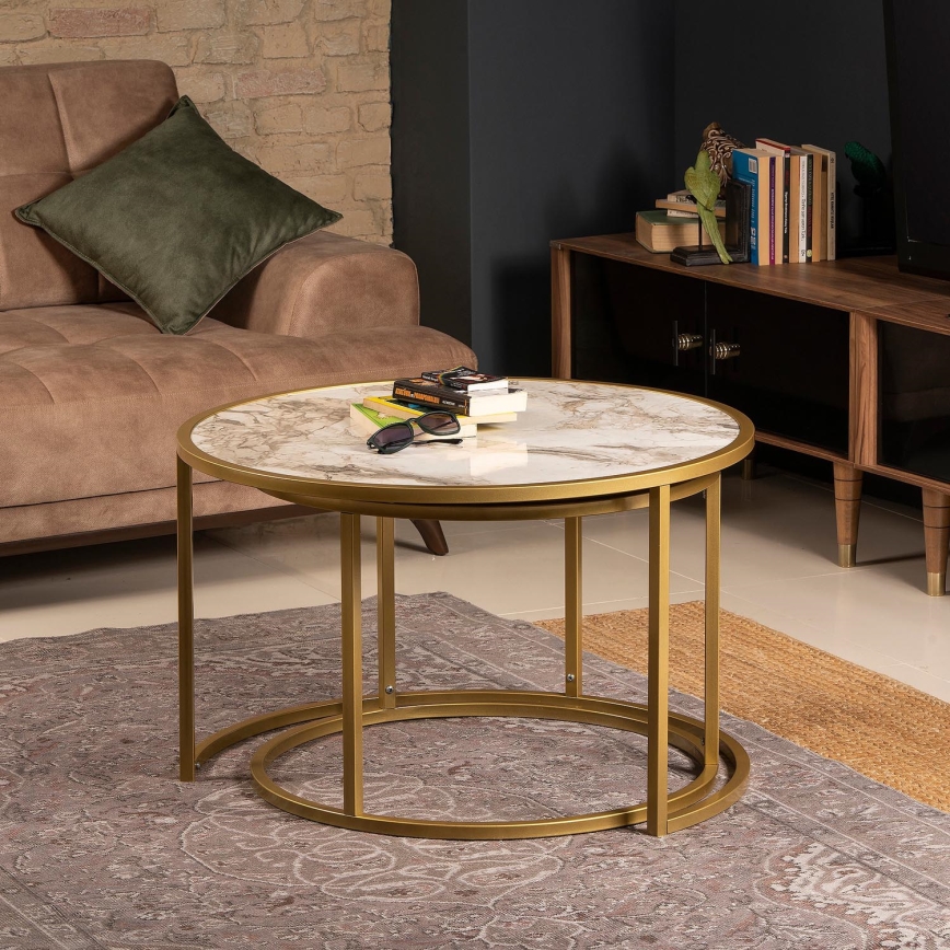 CONJUNTO 2x Mesa de centro TAMBUR dourada/bege
