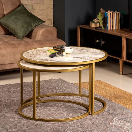 CONJUNTO 2x Mesa de centro TAMBUR dourada/bege