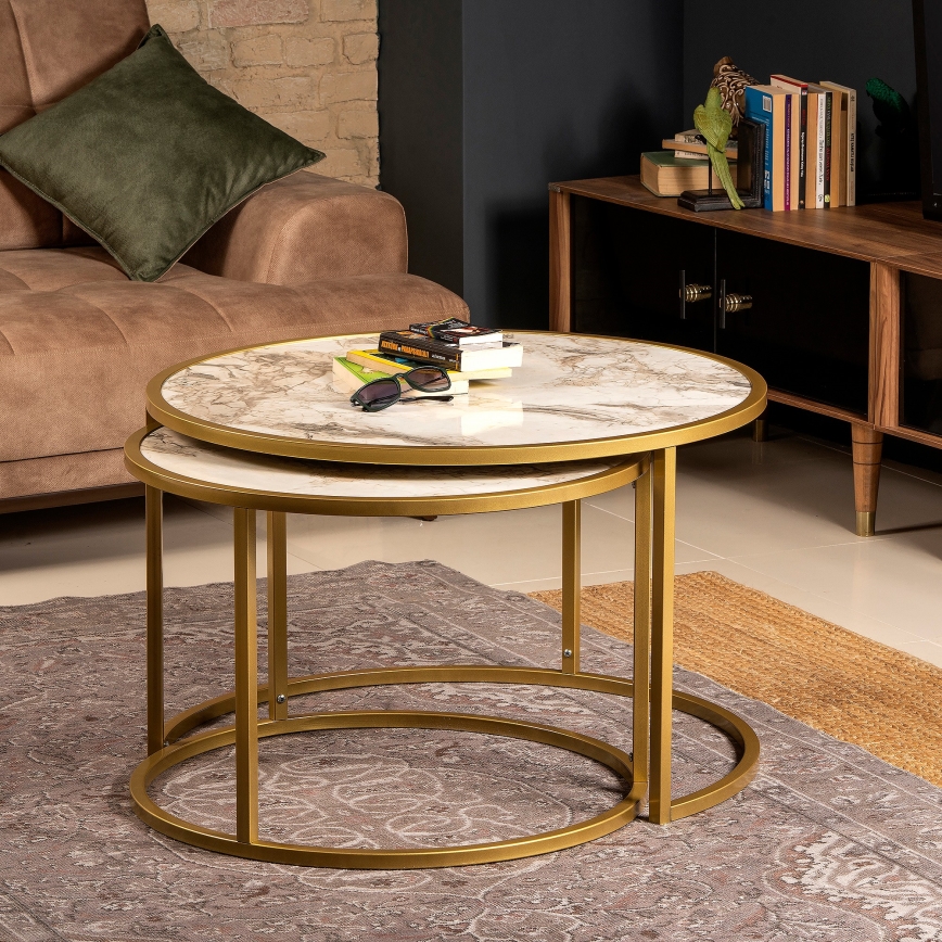 CONJUNTO 2x Mesa de centro TAMBUR dourada/bege