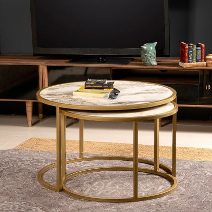 CONJUNTO 2x Mesa de centro TAMBUR dourada/bege