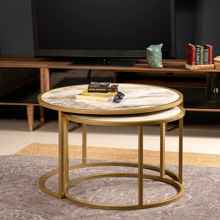 CONJUNTO 2x Mesa de centro TAMBUR dourada/bege