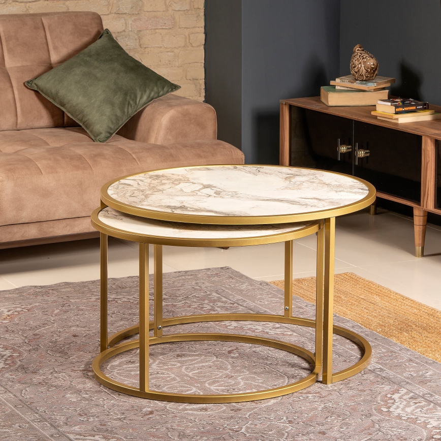 CONJUNTO 2x Mesa de centro TAMBUR dourada/bege