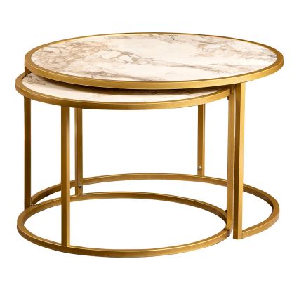CONJUNTO 2x Mesa de centro TAMBUR dourada/bege