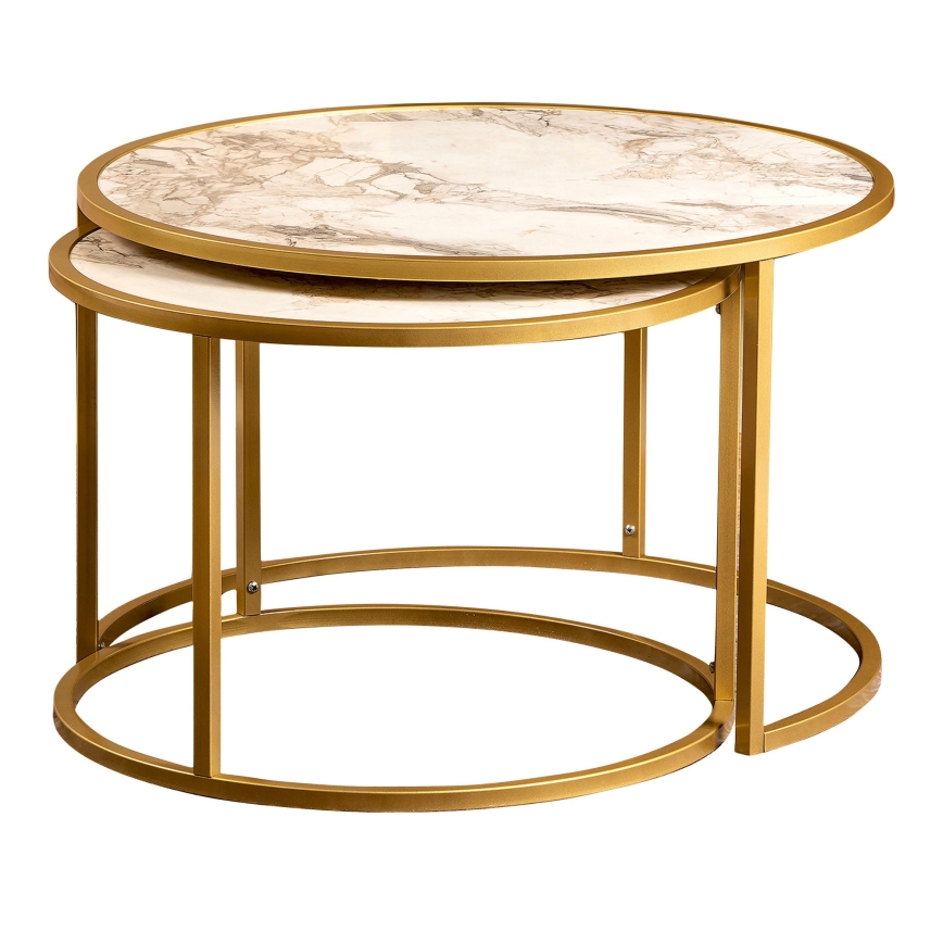 CONJUNTO 2x Mesa de centro TAMBUR dourada/bege