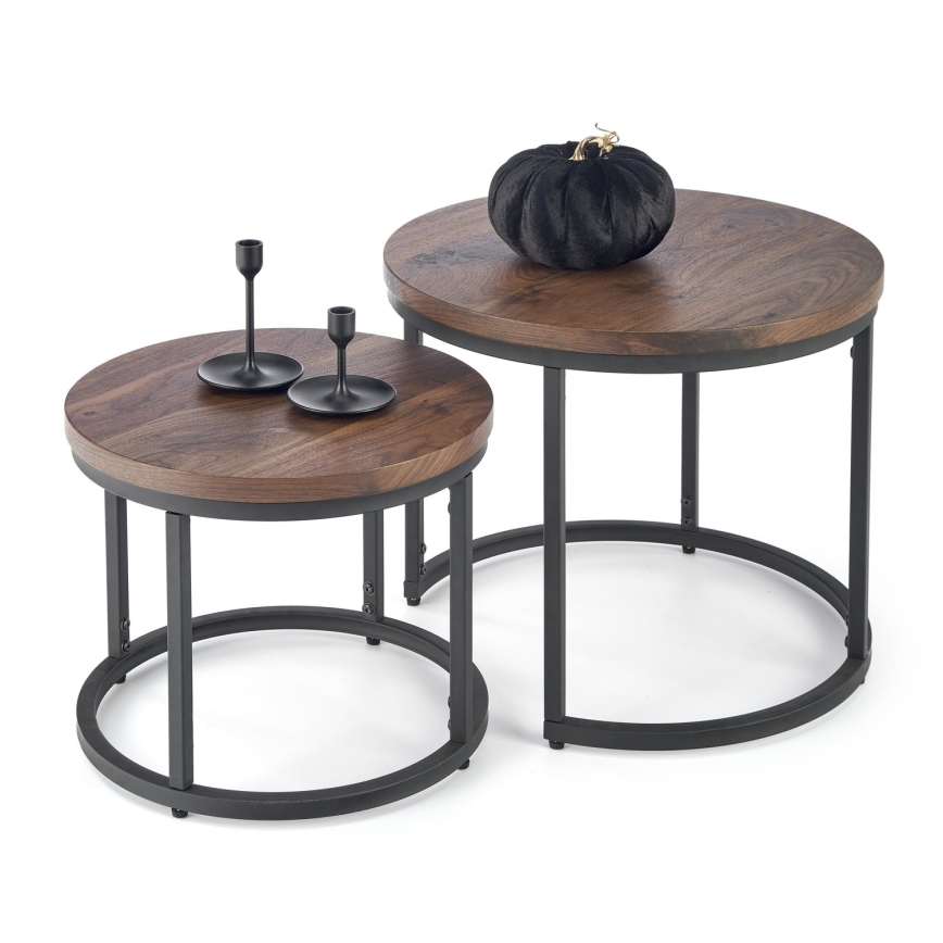 CONJUNTO 2x Mesas de centro OREO diâmetro 43/53 cm preto/nogueira