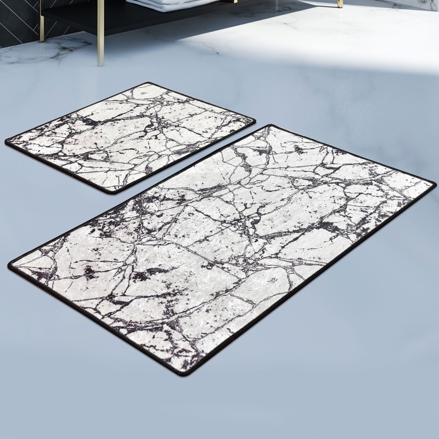 CONJUNTO 2x Tapetes para casa de banho MARBLE 60/100 cm branco/preto