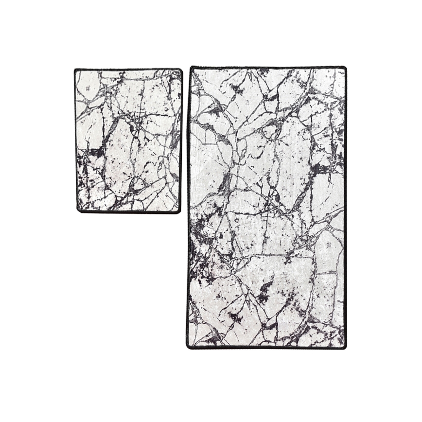 CONJUNTO 2x Tapetes para casa de banho MARBLE 60/100 cm branco/preto