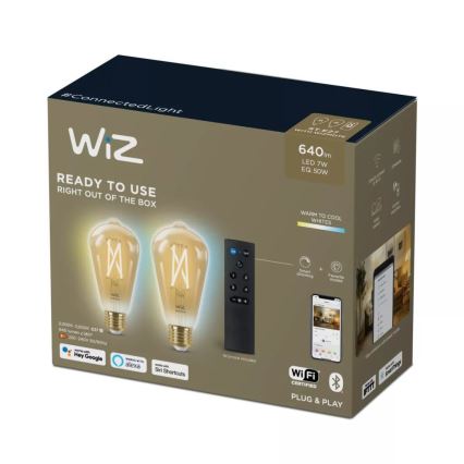 CONJUNTO 2x Lâmpada LED com regulação ST64 E27/7W/230V 2000-5000K CRI 90 Wi-Fi + controlo remoto - WiZ